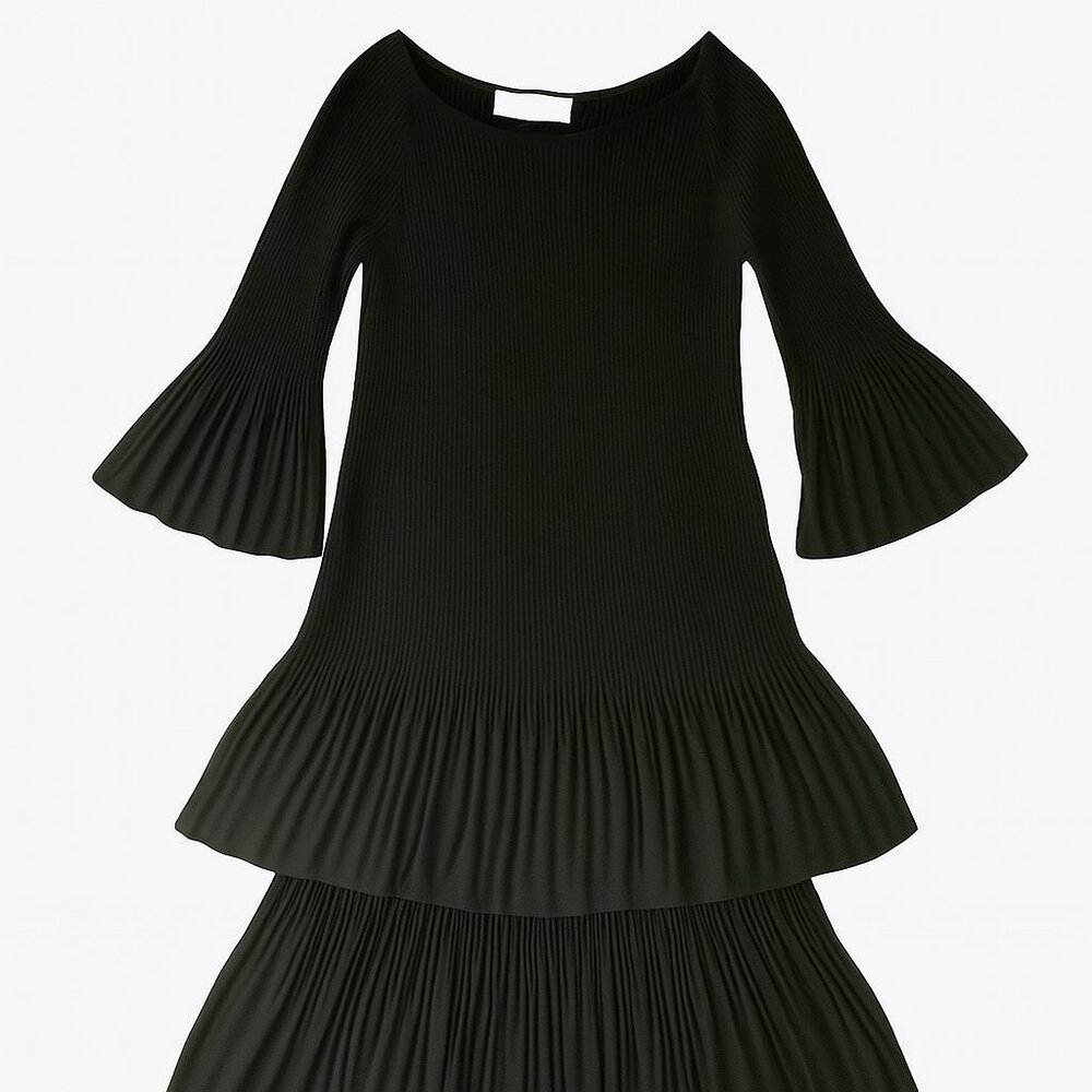 Adrienne Vittadini Black Tiered Midi Dress Pleated Bell Sleeves Size 10 Ribbed